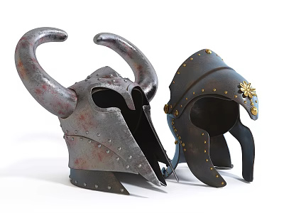 Horned And Decorative Medieval Metal Helmets With Rivets And Sun Badge Design 3d model