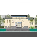 Scenic Traditional Public Village Building With Courtyard Entrance And Green Trees