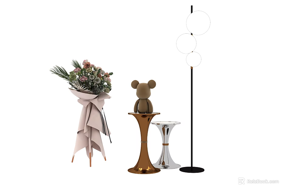 Pedestal Display Shelves With Gold Silver Finish Showcasing Teddy Bear Bouquet And Floor Lamp 3d model 