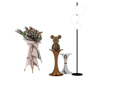 Pedestal Display Shelves With Gold Silver Finish Showcasing Teddy Bear Bouquet And Floor Lamp 3d model