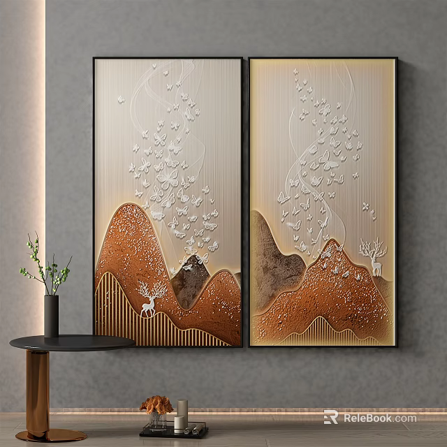 Decorative Paintings With Mountain And Petal Patterns On Gray Wall With Black Frames 3d model 