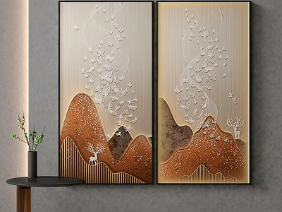 Decorative Paintings With Mountain And Petal Patterns On Gray Wall With Black Frames 3d model