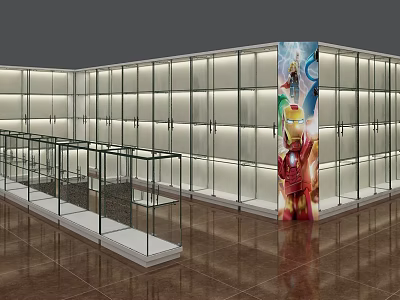 Modern Digital Store With Glass Display Cases Shelves And Iron Man Poster 3d model