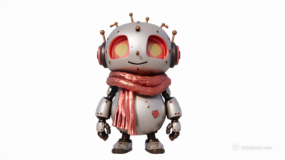 Cute Silver Robot Sculpture With Red Eyes Pink Scarf And Heart Pattern 3d model 