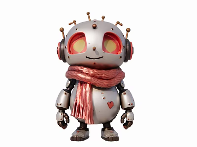Cute Silver Robot Sculpture With Red Eyes Pink Scarf And Heart Pattern 3d model