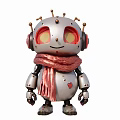 Cute Silver Robot Sculpture With Red Eyes Pink Scarf And Heart Pattern