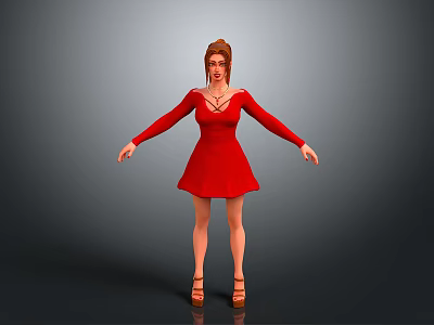 Woman with brown hair wearing red long sleeve V neck dress and brown high heels 3d model