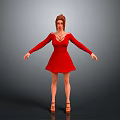 Woman with brown hair wearing red long sleeve V neck dress and brown high heels