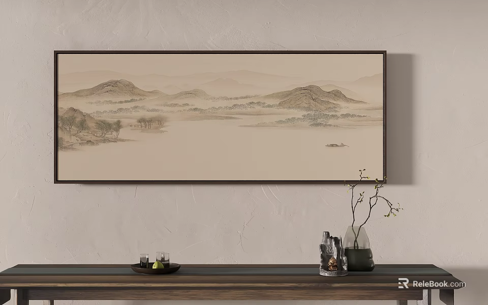 Traditional Chinese Style Landscape Painting with Mountains and River Scene 3d model 