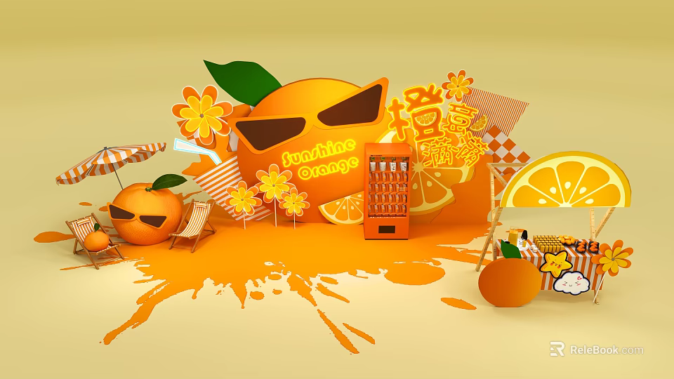 Vibrant Orange Themed Scene with Juice Vending Machine Sunshade Deck Chair and Slices 3d model 