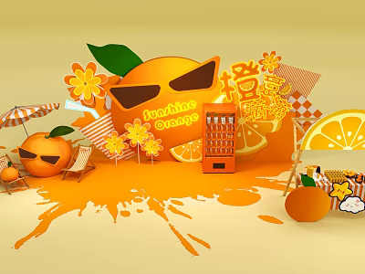 Vibrant Orange Themed Scene with Juice Vending Machine Sunshade Deck Chair and Slices 3d model