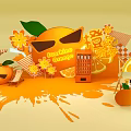 Vibrant Orange Themed Scene with Juice Vending Machine Sunshade Deck Chair and Slices