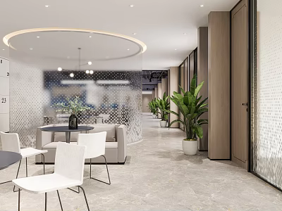 Modern Lounge Area Interior Design With White Chairs Green Plants And Circular Lighting 3d model