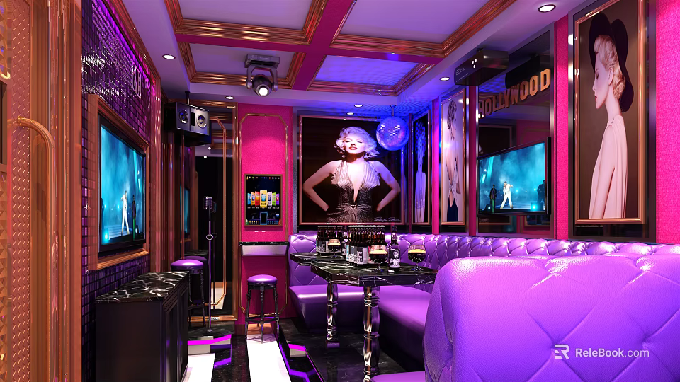 Luxury KTV Lounge With Purple Leather Sofas Marilyn Monroe Poster TV Screens And Neon Lights 3d model 