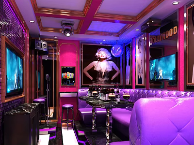 Luxury KTV Lounge With Purple Leather Sofas Marilyn Monroe Poster TV Screens And Neon Lights 3d model