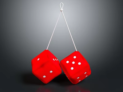 Red Dice Hanging From White String On Gray Background With White Dots 3d model