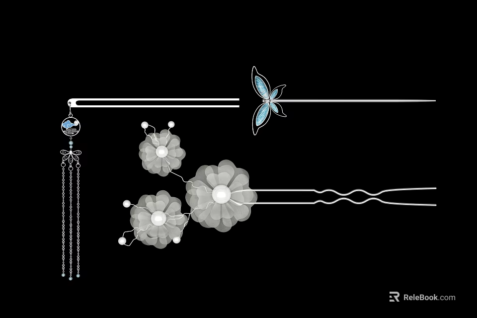 Elegant Silver Jewelry Hairpins With Butterfly Flower Design And Tassel 3d model 