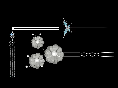 Elegant Silver Jewelry Hairpins With Butterfly Flower Design And Tassel 3d model