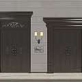 Decorative Double Doors With Ornate Designs In Stone Wall Featuring Elegant Frames And Wall Sconce 3d model