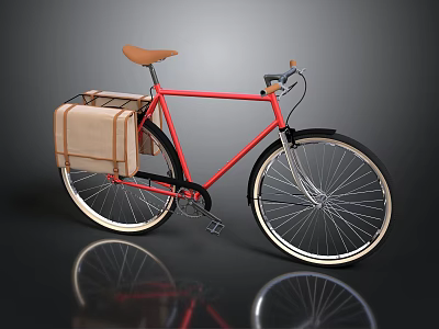 Red Bicycle With Brown Leather Seat And Rear Saddlebag Silver Spoked Wheels 3d model
