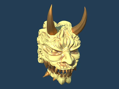 Golden Traditional Mythical Mask Sculpture With Intricate Horns Sharp Teeth And Detailed Texture 3d model