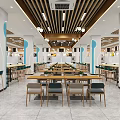 Modern Restaurant Interior With Dining Tables Chairs Marble Counters Wooden Ceiling And Blue Illuminated Columns