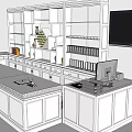 Modern Reception Desk With Open Shelves Decorative Vases Books And TV Screen