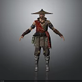 A Man Wearing Brown Traditional Clothing Conical Hat Red Accents Arm Wraps And Waist Pouch