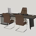 Modern Office Desk with Computer Monitor Brown Chairs and Drawer Cabinet
