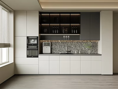 Modern Kitchen Wine Cabinet Interior With Decorative Wall Countertop And White Cabinets 3d model