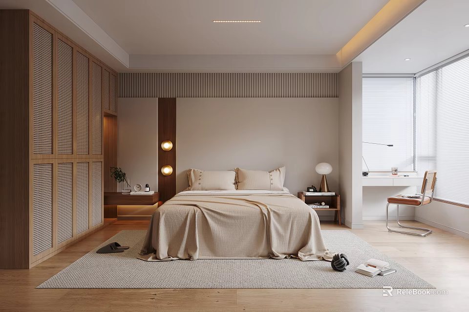 Modern Minimalist Bedroom Interior Design With Wooden Paneling Beige Bedding And Area Rug 3d model 
