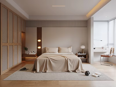 Modern Minimalist Bedroom Interior Design With Wooden Paneling Beige Bedding And Area Rug 3d model