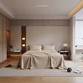 Modern Minimalist Bedroom Interior Design With Wooden Paneling Beige Bedding And Area Rug