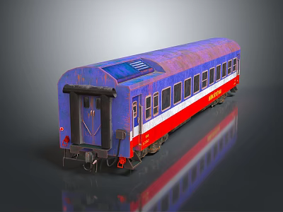 Rusty Blue And Red Vintage Train Carriage With White Stripe And Windows 3d model