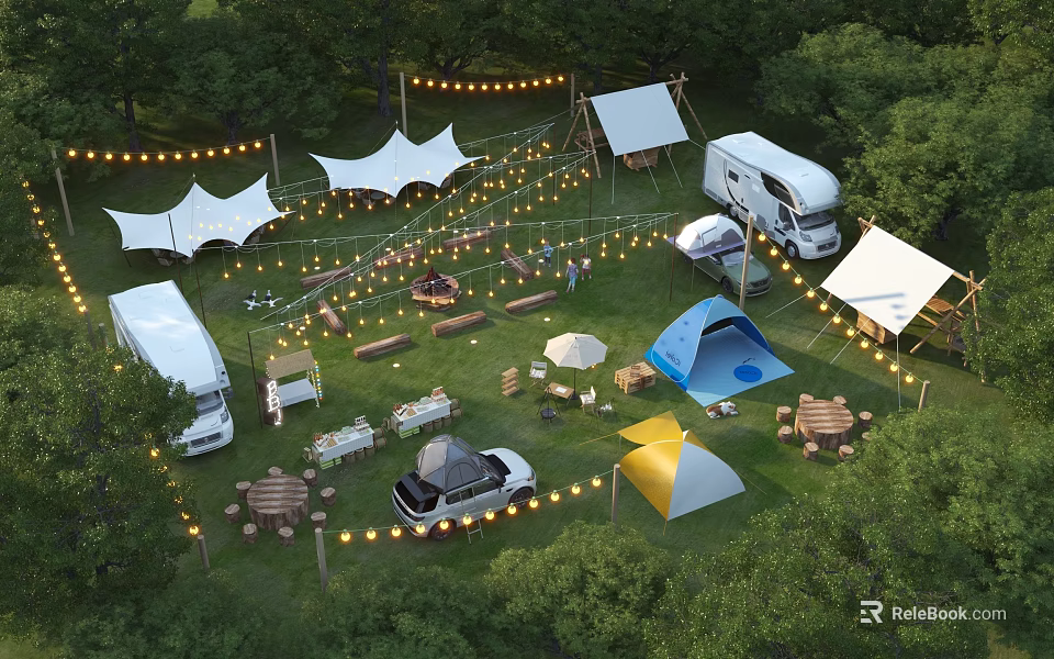 Scenic Campsite with Tents RVs String Lights Tables and Trees on Green Grass 3d model 