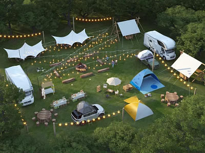 Scenic Campsite with Tents RVs String Lights Tables and Trees on Green Grass 3d model