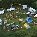 Scenic Campsite with Tents RVs String Lights Tables and Trees on Green Grass