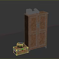 Wooden Bookcase with Double Doors and Stacked Books on Top Beside Vintage Storage Trunk