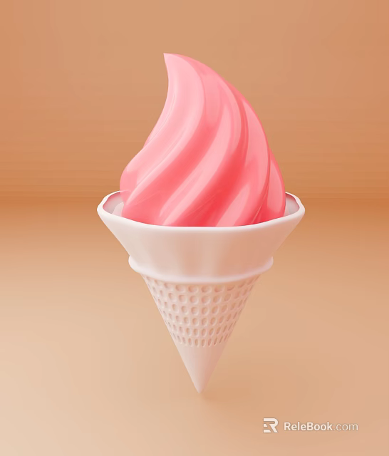 Delicious Pink Ice Cream In White Waffle Cone With Creamy Swirl 3d model 