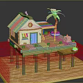 Wooden Waterfront House with Blue Door Palm Tree Platform and Small Boat