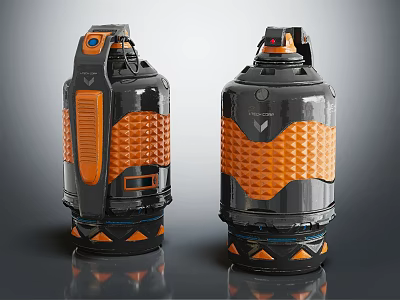 Two Black And Orange Explosive Military Weapons With Textured Surface Safety Pins And Cylindrical Design 3d model