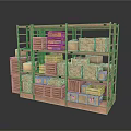 Metal Storage Rack With Multiple Stacked Wooden Crates In Storage Space 3d model