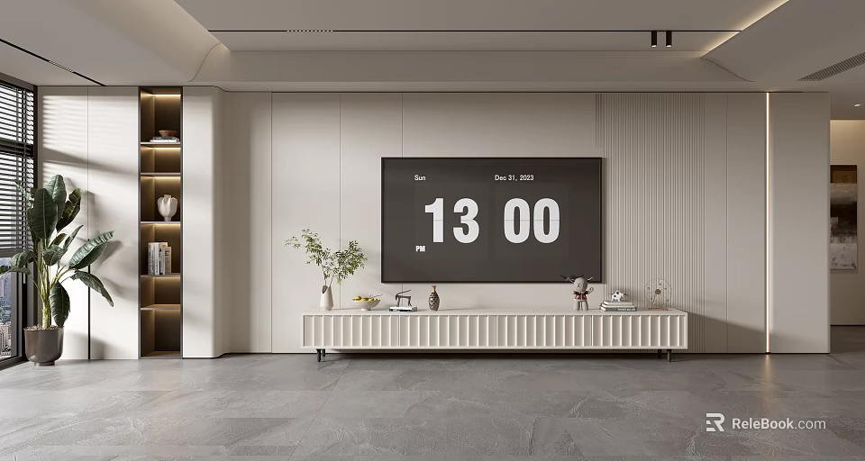Modern Style TV Background Wall With White Panel And Decorative TV Stand 3d model 