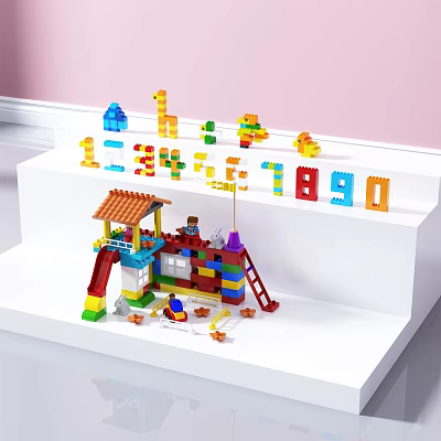 Colorful Building Blocks With Numbers Animal Figures Slide House And Scattered Pieces On Display Stand 3d model