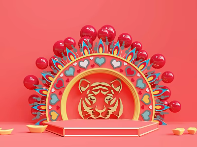 Tiger Head Themed Decorations With Red Balls Heart Shapes And Gold Ingots On Red Background 3d model