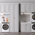 White Bathroom Cabinetry With Washing Machine Sink Storage And Decorative Elements 3d model