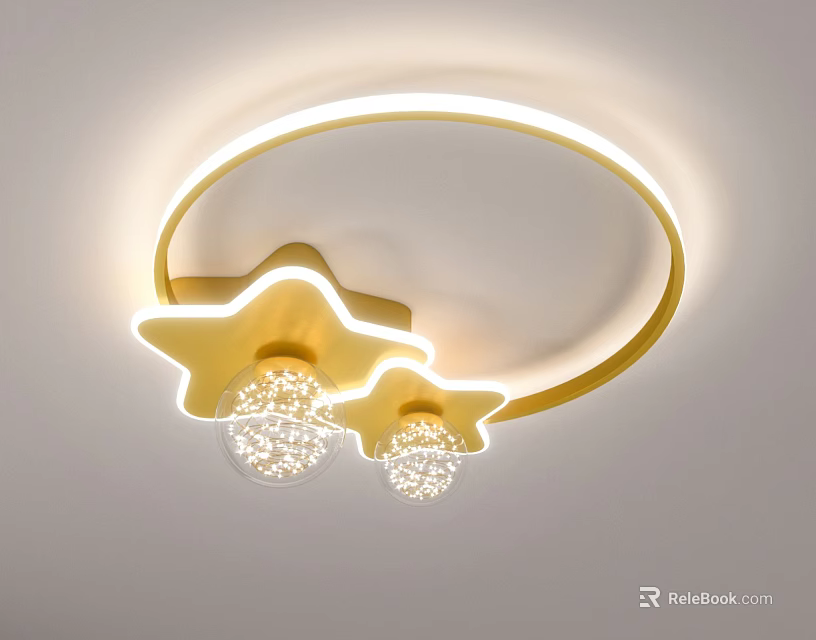 Modern Golden Ring Ceiling Light With Star Shaped Crystal Decorations And Warm Glow 3d model 