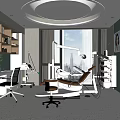 Modern Dental Clinic Interior With White Tone Dental Chair Computer Bookshelf Window And Ceiling Lamp