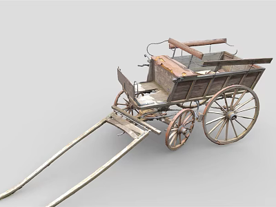 Vintage Horse Drawn Wagon With Wooden Frame And Large Spoked Wheels 3d model