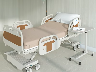 Mobile Adjustable Medical Hospital Bed With Mattress Side Rails And Overbed Table 3d model